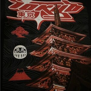 Red and White Short Sleeve Tee with Japanese Graphic